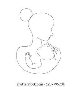 Abstract mother with a child in continuous one line drawing art style. Mother`s Day card. Woman hugging her baby. Happy motherhood concept. Modern vector illustration