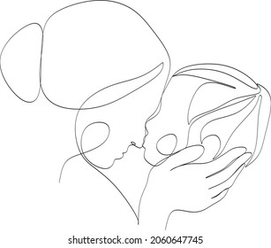 Abstract mother and child in continuous one line drawing art style  Mother`s Day card  Woman hugging her baby  Happy motherhood concept  Modern vector illustration