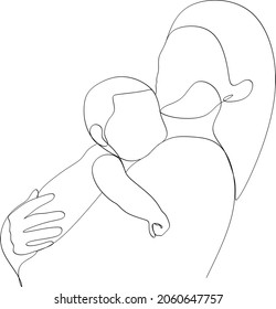 Abstract mother with a child in continuous one line drawing art style. Mother`s Day card. Woman hugging her baby. Happy motherhood concept. Modern vector illustration