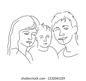 Abstract mother with a child in continuous one line drawing art style. Mother`s Day card. Woman hugging her baby. Happy motherhood concept. Modern vector illustration