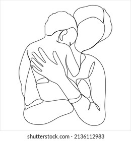Abstract mother with a child in continuous one line drawing art style. Mother`s Day card. Woman hugging her baby. Happy motherhood concept. Modern vector illustration