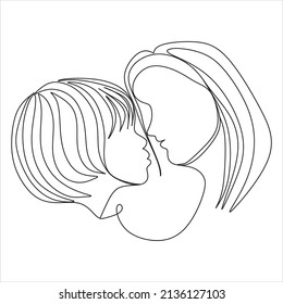 Abstract mother with a child in continuous one line drawing art style. Mother`s Day card. Woman hugging her baby. Happy motherhood concept. Modern vector illustration