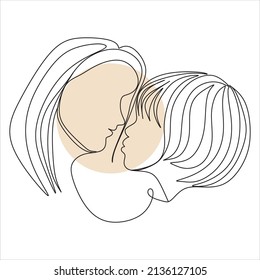 Abstract mother with a child in continuous one line drawing art style. Mother`s Day card. Woman hugging her baby. Happy motherhood concept. Modern vector illustration