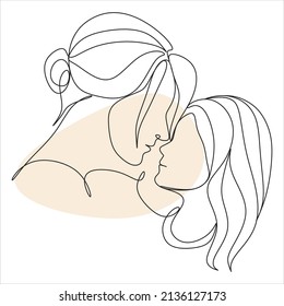 Abstract mother with a child in continuous one line drawing art style. Mother`s Day card. Woman hugging her baby. Happy motherhood concept. Modern vector illustration