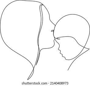 Abstract mother with a child in continuous one line drawing art style. Mother`s Day card. Woman hugging her baby. Happy motherhood concept. Modern vector illustration