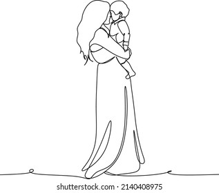Abstract mother with a child in continuous one line drawing art style. Mother`s Day card. Woman hugging her baby. Happy motherhood concept. Modern vector illustration