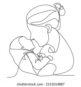 Abstract mother with a child in continuous one line drawing art style. Mother`s Day card. Woman hugging her baby. Happy motherhood concept. Modern vector illustration