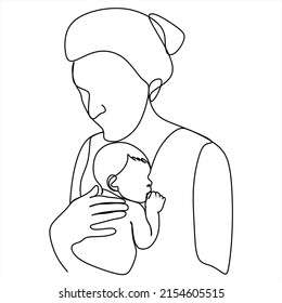 Abstract mother with a child in continuous one line drawing art style. Mother`s Day card. Woman hugging her baby. Happy motherhood concept. Modern vector illustration
