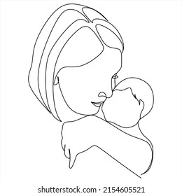 Abstract mother with a child in continuous one line drawing art style. Mother`s Day card. Woman hugging her baby. Happy motherhood concept. Modern vector illustration