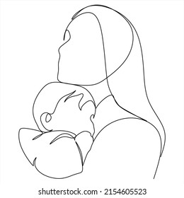 Abstract mother with a child in continuous one line drawing art style. Mother`s Day card. Woman hugging her baby. Happy motherhood concept. Modern vector illustration