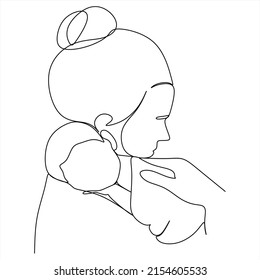 Abstract mother with a child in continuous one line drawing art style. Mother`s Day card. Woman hugging her baby. Happy motherhood concept. Modern vector illustration