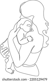 Abstract mother with a child in continuous one line drawing art style. Mother`s Day card. Woman hugging her baby. Happy motherhood concept. Modern illustration