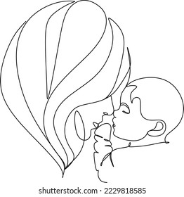 Abstract mother with a child in continuous one line drawing art style. Mother`s Day card. Woman hugging her baby. Happy motherhood concept. Modern vector illustration