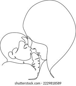 Abstract mother with a child in continuous one line drawing art style. Mother`s Day card. Woman hugging her baby. Happy motherhood concept. Modern vector illustration