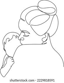 Abstract mother with a child in continuous one line drawing art style. Mother`s Day card. Woman hugging her baby. Happy motherhood concept. Modern vector illustration