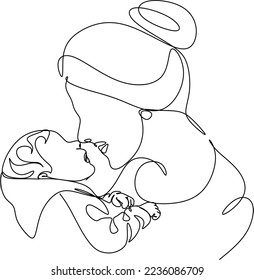 Abstract mother with a child in continuous one line drawing art style. Mother`s Day card. Woman hugging her baby. Happy motherhood concept. Modern vector illustration
