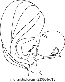 Abstract mother with a child in continuous one line drawing art style. Mother`s Day card. Woman hugging her baby. Happy motherhood concept. Modern vector illustration