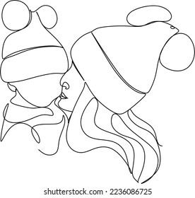 Abstract mother with a child in continuous one line drawing art style. Mother`s Day card. Woman hugging her baby. Happy motherhood concept. Modern vector illustration