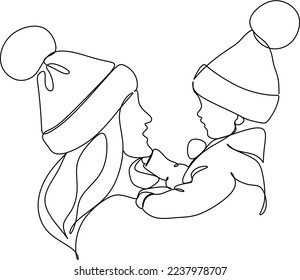 Abstract mother with a child in continuous one line drawing art style. Mother`s Day card. Woman hugging her baby. Happy motherhood concept. Modern vector illustration