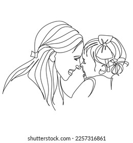 Abstract mother with a child in continuous one line drawing art style. Mother`s Day card. Woman hugging her baby. Happy motherhood concept. Modern vector illustration