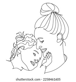 Abstract mother with a child in continuous one line drawing art style. Mother`s Day card. Woman hugging her baby. Happy motherhood concept. Modern vector illustration