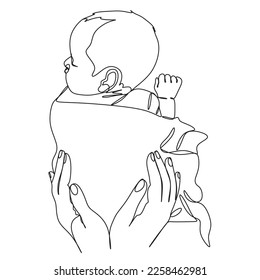 Abstract mother with a child in continuous one line drawing art style. Mother`s Day card. Woman hugging her baby. Happy motherhood concept. Modern vector illustration