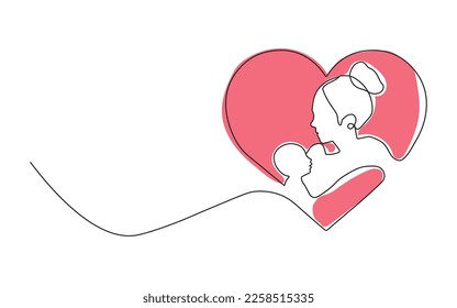 Abstract mother with a child in continuous one line drawing art style. Mother`s Day card. Woman hugging her baby. Happy motherhood concept. Modern vector illustration.