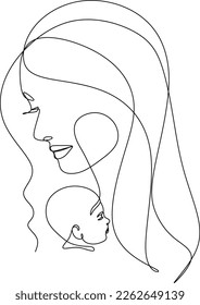 Abstract mother with a child in continuous one line drawing art style. Mother`s Day card. Woman hugging her baby. Happy motherhood concept. Modern vector illustration