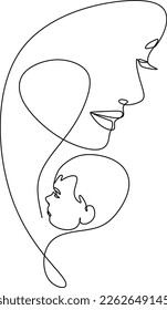 Abstract mother with a child in continuous one line drawing art style. Mother`s Day card. Woman hugging her baby. Happy motherhood concept. Modern vector illustration