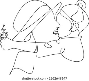 Abstrakte Mutter mit einem Kind in kontinuierlicher Zeichenkunst-Art in einer Linie. Muttertagskarte. Frauen umarmten ihr Baby. Glückliches Mutterschaftskonzept. Moderne Vektorgrafik