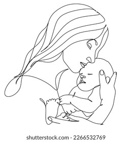 Abstract mother with a child in continuous one line drawing art style. Mother`s Day card. Woman hugging her baby. Happy motherhood concept. Modern vector illustration