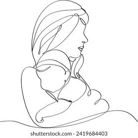 Abstract mother with a child in continuous one line drawing art style. Mother`s Day card. Woman hugging her baby. Happy motherhood concept. Modern vector illustration