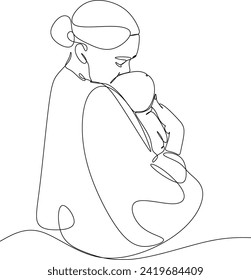 Abstract mother with a child in continuous one line drawing art style. Mother`s Day card. Woman hugging her baby. Happy motherhood concept. Modern vector illustration