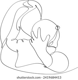 Abstract mother with a child in continuous one line drawing art style. Mother`s Day card. Woman hugging her baby. Happy motherhood concept. Modern vector illustration