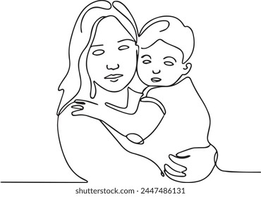 Abstract mother with a child in continuous one line drawing art style. Mother`s Day card. Woman hugging her baby. Happy motherhood concept. Modern vector illustration