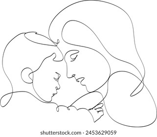 Abstract mother with a child in continuous one line drawing art style. Mother`s Day card. Woman hugging her baby. Happy motherhood concept. Modern vector illustration. Without artificial intelligence