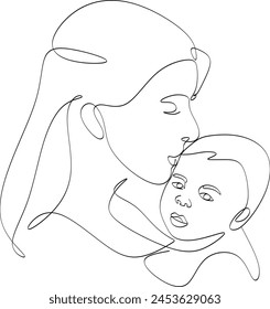 Abstract mother with a child in continuous one line drawing art style. Mother`s Day card. Woman hugging her baby. Happy motherhood concept. Modern vector illustration. Without artificial intelligence