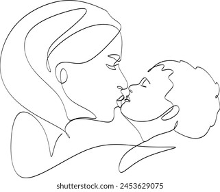 Abstract mother with a child in continuous one line drawing art style. Mother`s Day card. Woman hugging her baby. Happy motherhood concept. Modern vector illustration. Without artificial intelligence