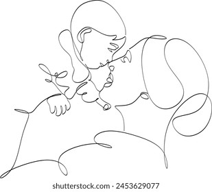 Abstract mother with a child in continuous one line drawing art style. Mother`s Day card. Woman hugging her baby. Happy motherhood concept. Modern vector illustration. Without artificial intelligence