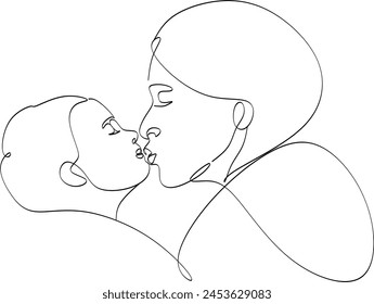 Abstract mother with a child in continuous one line drawing art style. Mother`s Day card. Woman hugging her baby. Happy motherhood concept. Modern vector illustration. Without artificial intelligence