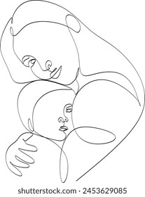 Abstract mother with a child in continuous one line drawing art style. Mother`s Day card. Woman hugging her baby. Happy motherhood concept. Modern vector illustration. Without artificial intelligence