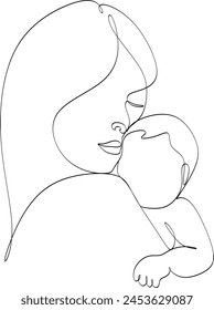 Abstract mother with a child in continuous one line drawing art style. Mother`s Day card. Woman hugging her baby. Happy motherhood concept. Modern vector illustration. Without artificial intelligence