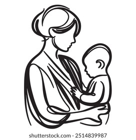 Abstract mother with a child in continuous one line drawing art style. Mother s Day card