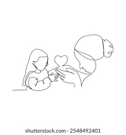 Abstract mother with a child in continuous one line drawing art style. Mother`s Day card. Woman hugging her baby. Happy motherhood concept. Modern vector illustration