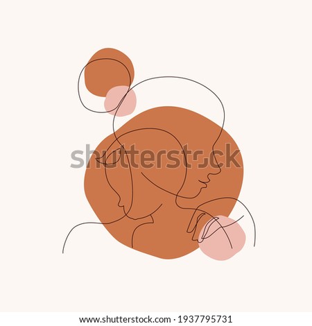 Abstract mother with a child in continuous one line drawing art style. Mother`s Day card. Woman hugging her baby on geometric background. Happy motherhood concept. Modern vector illustration