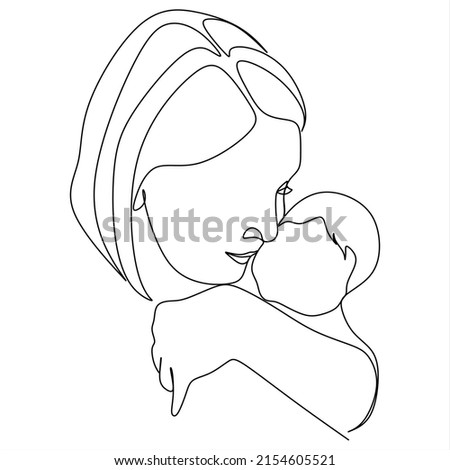 Abstract mother with a child in continuous one line drawing art style. Mother`s Day card. Woman hugging her baby. Happy motherhood concept. Modern vector illustration