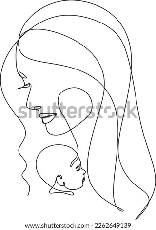Abstract mother with a child in continuous one line drawing art style. Mother`s Day card. Woman hugging her baby. Happy motherhood concept. Modern vector illustration