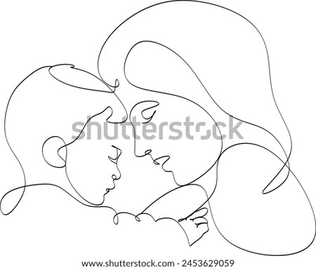 Abstract mother with a child in continuous one line drawing art style. Mother`s Day card. Woman hugging her baby. Happy motherhood concept. Modern vector illustration. Without artificial intelligence