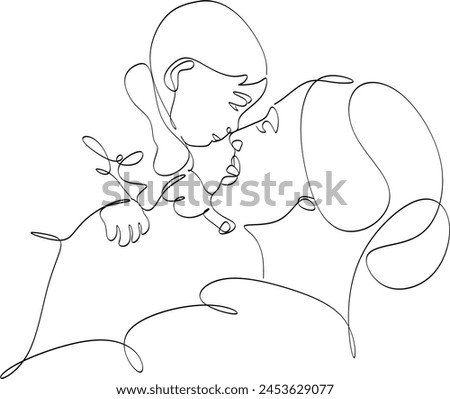 Abstract mother with a child in continuous one line drawing art style. Mother`s Day card. Woman hugging her baby. Happy motherhood concept. Modern vector illustration. Without artificial intelligence