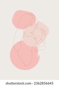 Abstract mother and child  Minimalistic silhouette woman holding baby colored spots  Young mom hugging her baby  Happy motherhood concept   Abstract portrait drawing and lines  quick sketch 